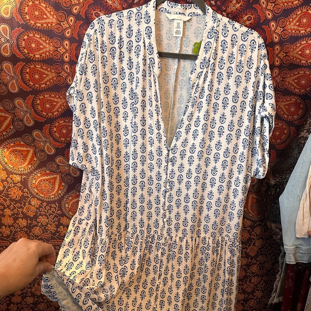 H&M Blue White Medallion Print Short Sleeve Button Front Shirt Dress XL